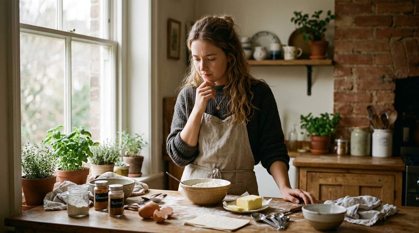woman confused while cooking familiar meal