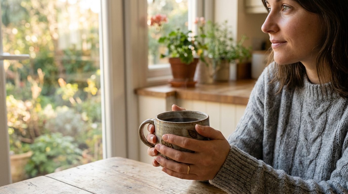 woman holding coffee with expression of cautious optimism