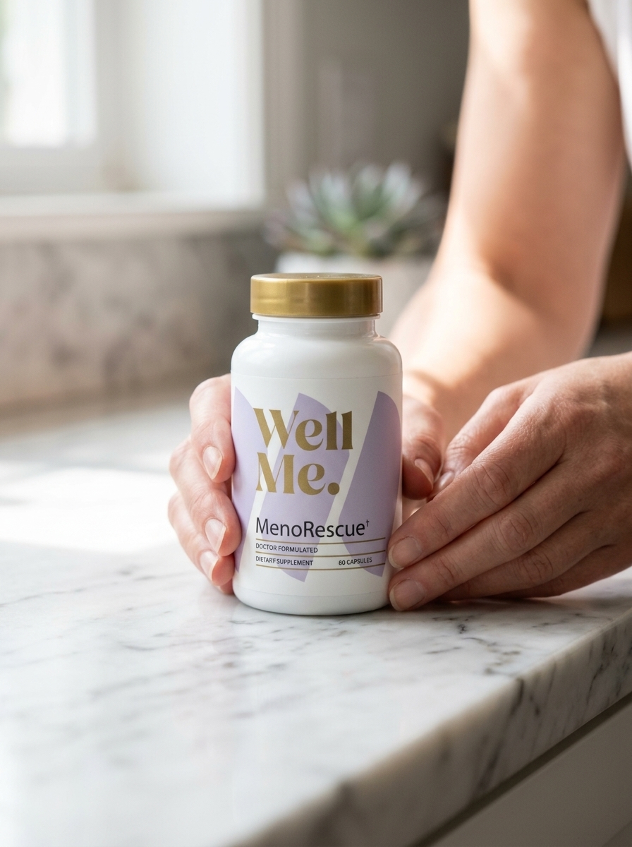 MenoRescue supplement bottle held gently in hands