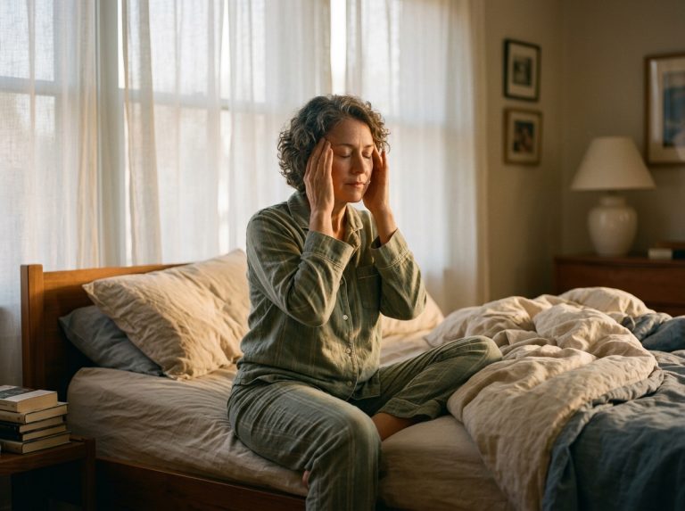 woman sitting quietly on bed in morning light