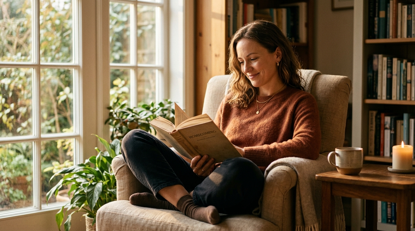 woman reading peacefully in comfortable chair