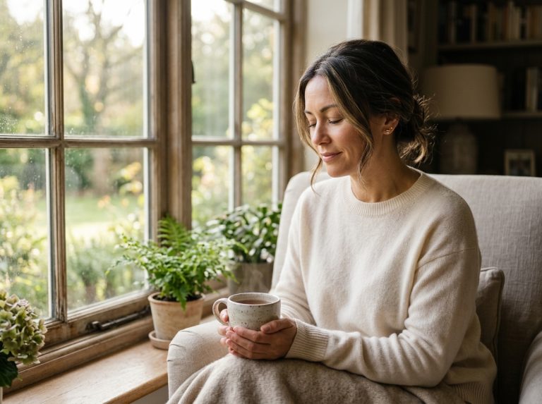 woman peacefully holding warm mug morning light