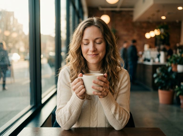 woman finding peaceful moment with warm drink