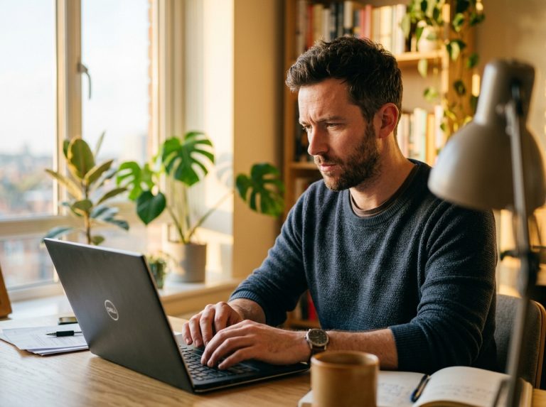 man contemplating work at laptop in natural light