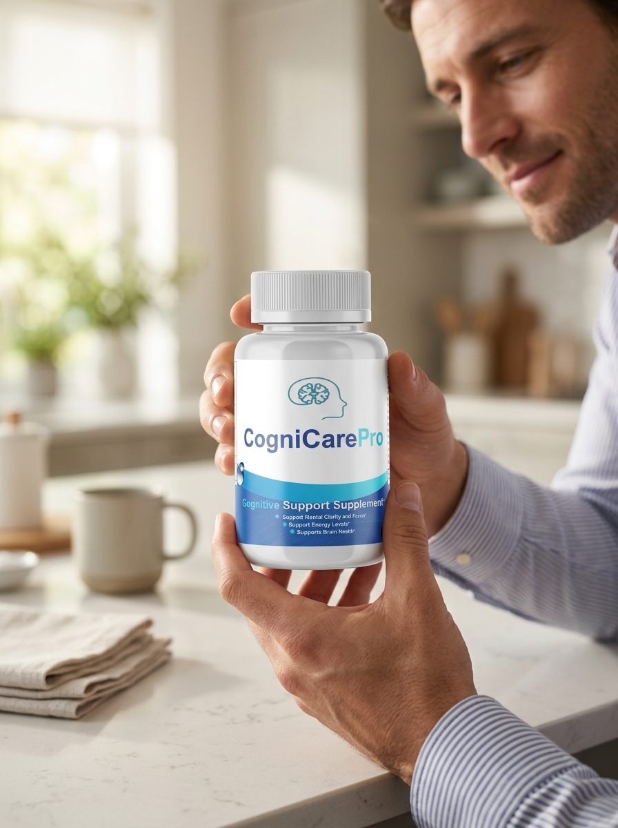 CogniCare Pro brain supplement bottle held by professional man