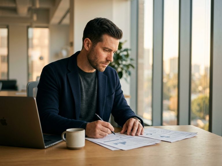 focused professional man working at desk morning light