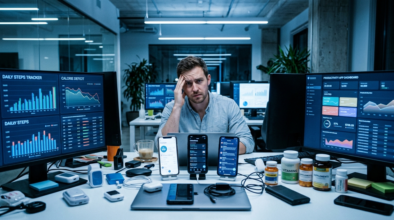 man overwhelmed by biohacking devices and tracking apps