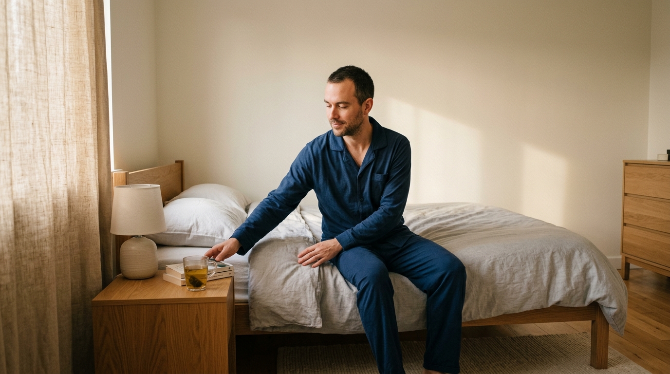 man preparing for sleep in minimal bedroom environment