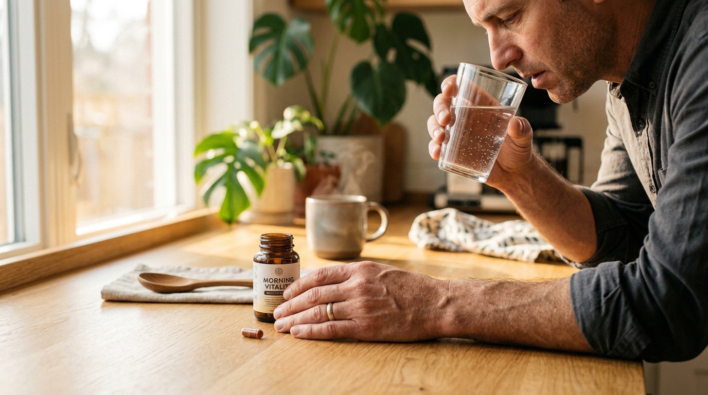 man taking morning supplement with water in kitchen