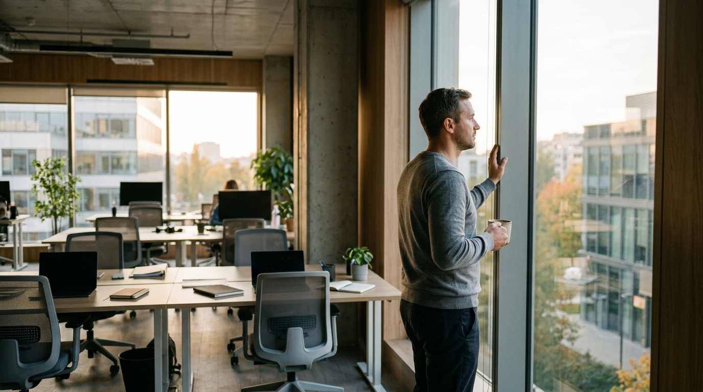 man taking contemplative break looking out office window