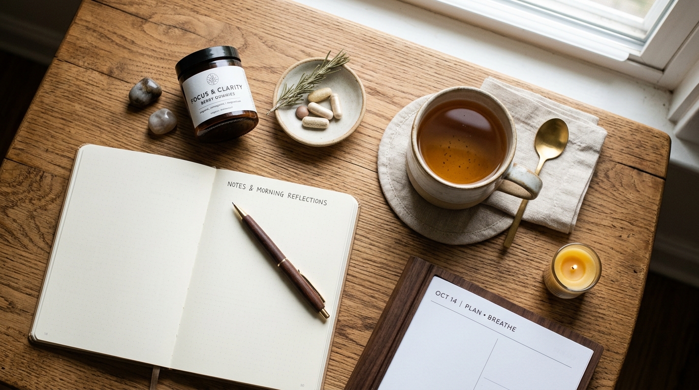 simple wellness foundation setup on wooden table
