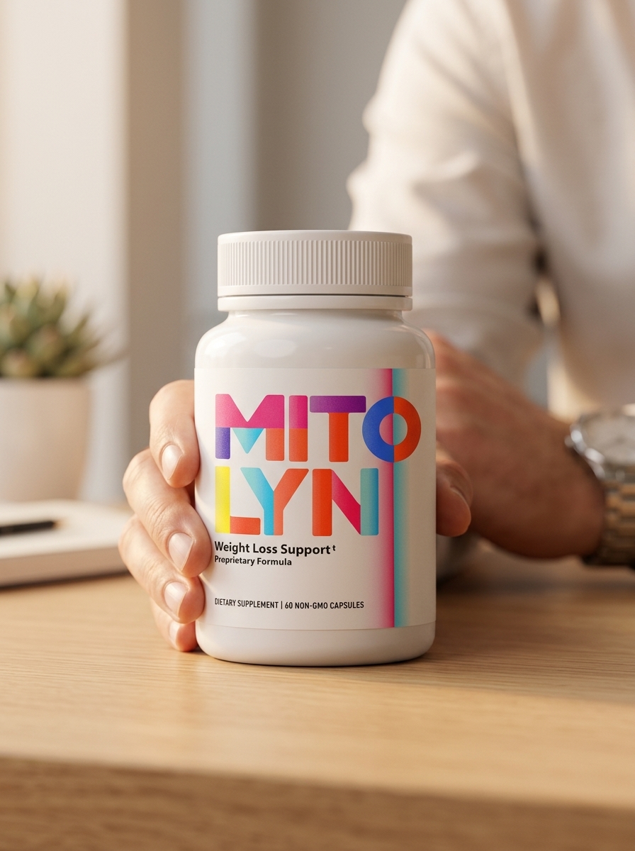 Mitolyn mitochondrial support supplement bottle with hands