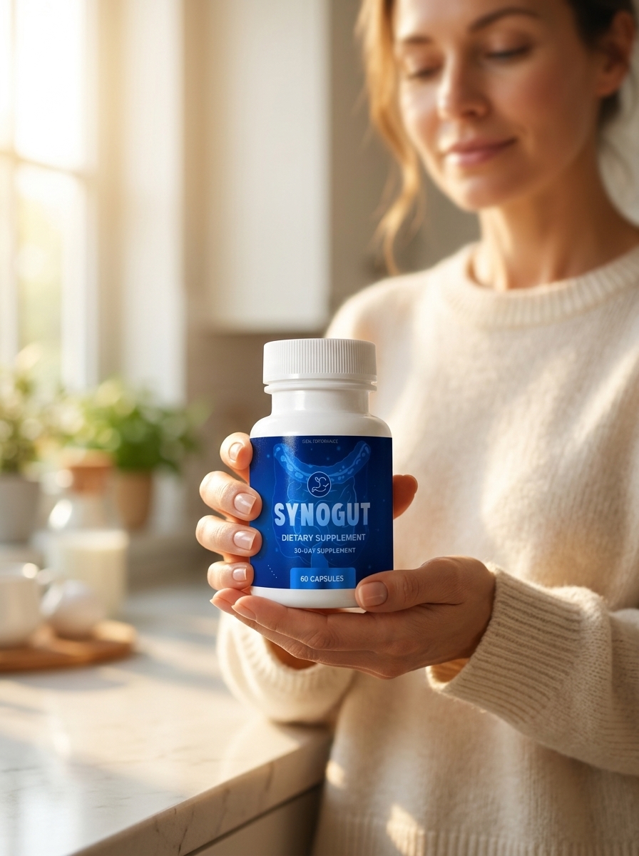 SynoGut supplement bottle woman hands