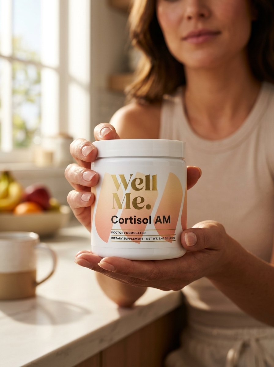 Cortisol AM supplement bottle held in gentle hands