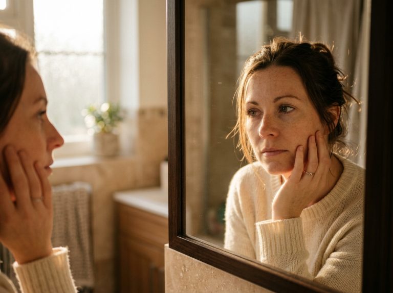 woman examining reflection in bathroom mirror morning light