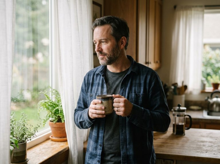 man contemplating morning routine with coffee
