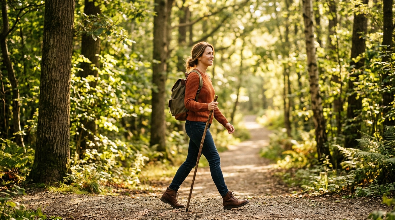 woman walking confidently on sunlit path