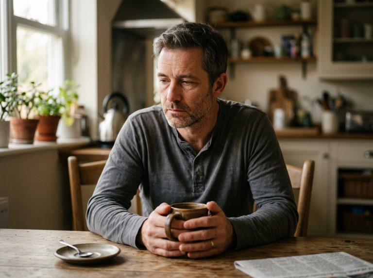 man contemplating tiredness with morning coffee