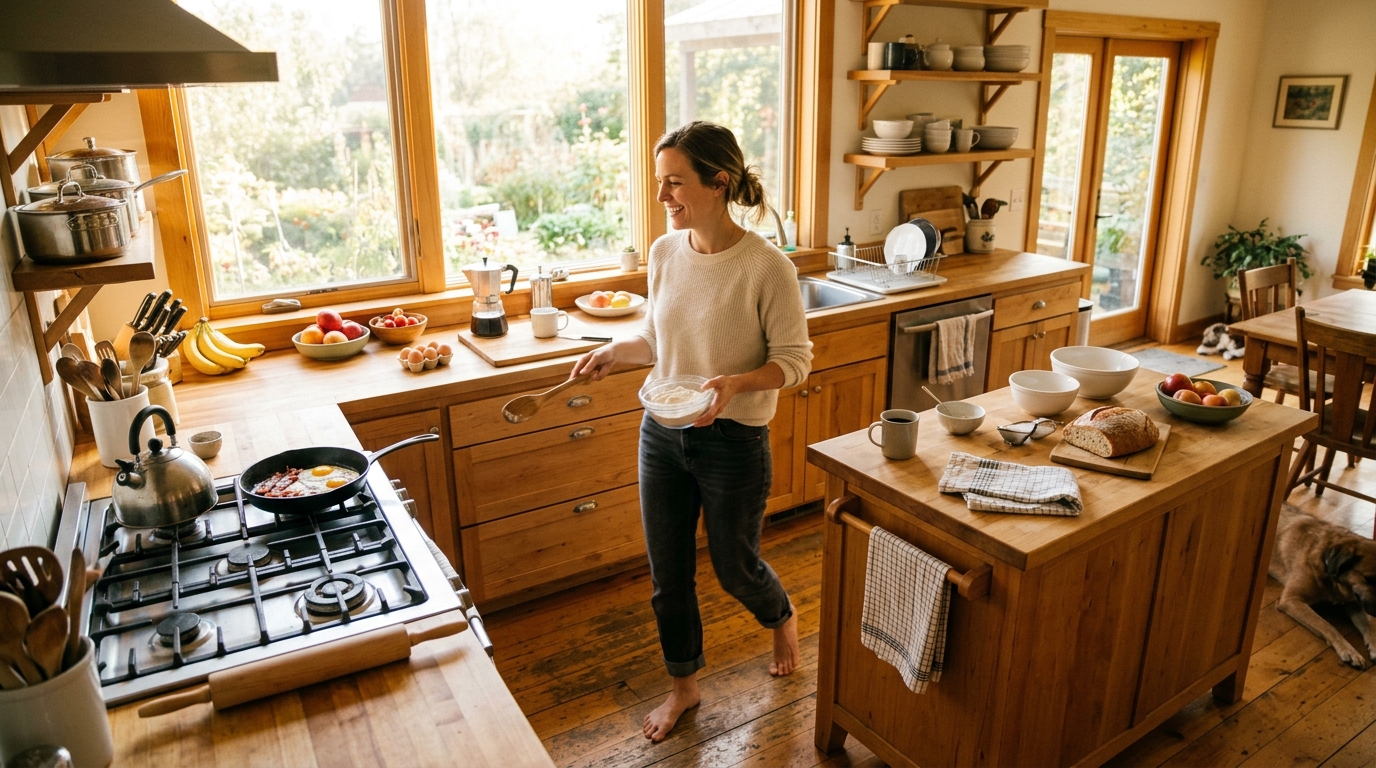 woman with natural energy in bright kitchen