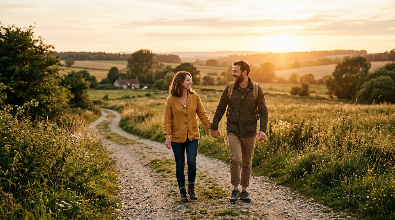 couple walking together with sustained evening energy