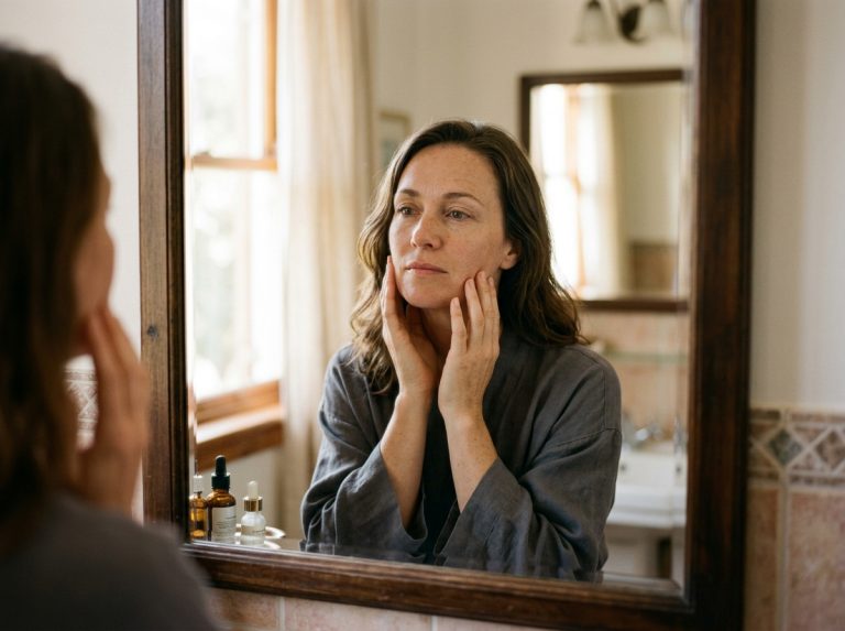 woman examining skin in morning bathroom mirror