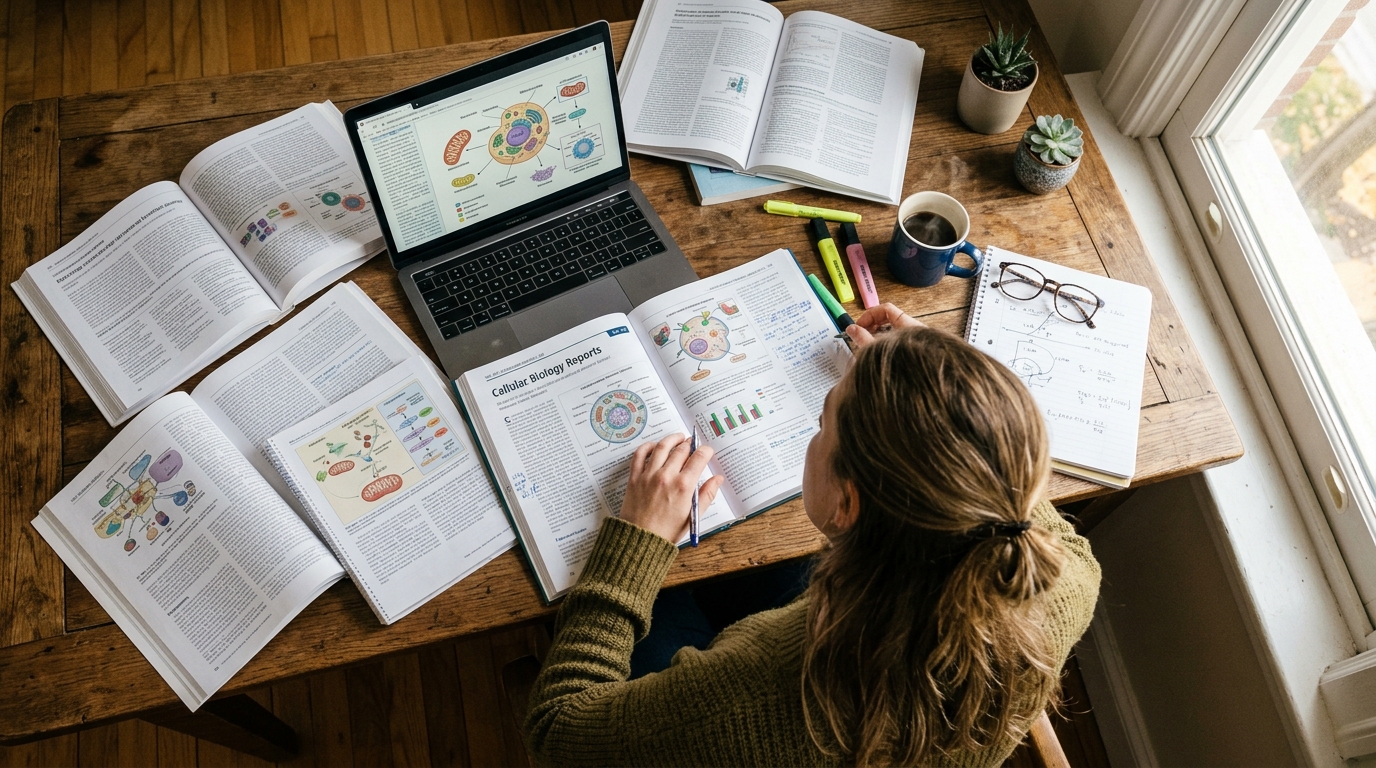 woman researching cellular aging science at desk