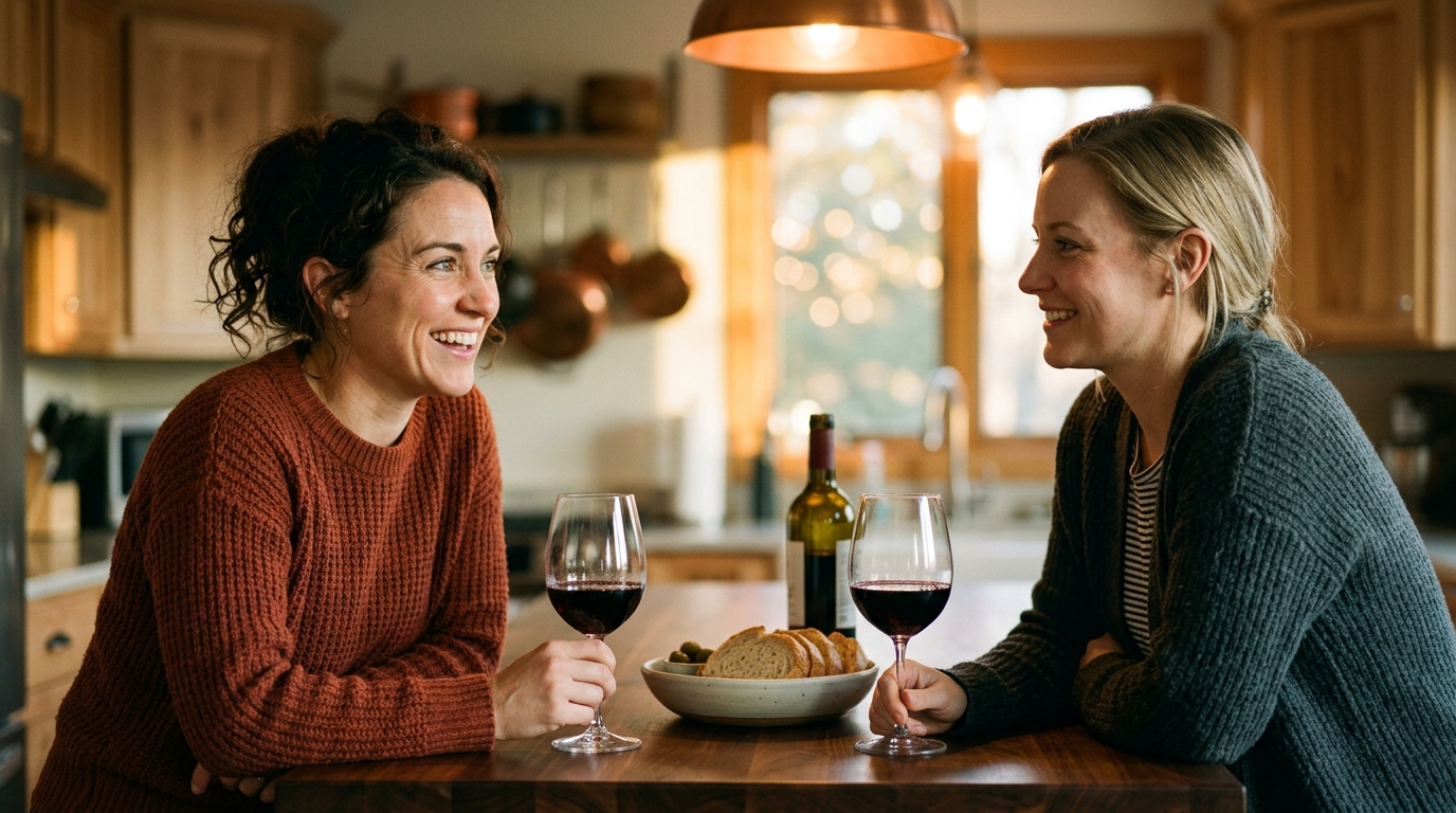 two women sharing honest conversation over wine