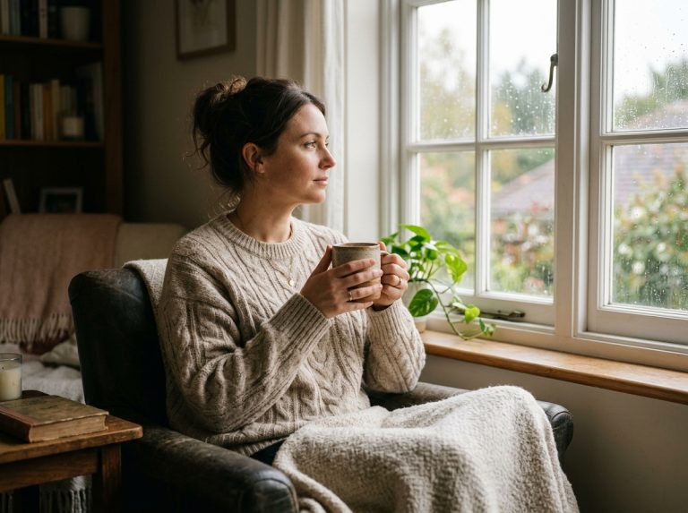 woman contemplating by window with morning coffee
