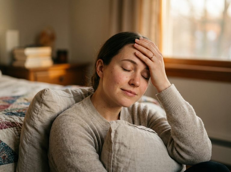 woman touching forehead with tired peaceful expression
