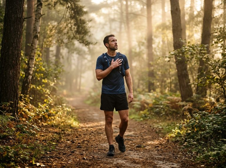 runner pausing on trail checking heart
