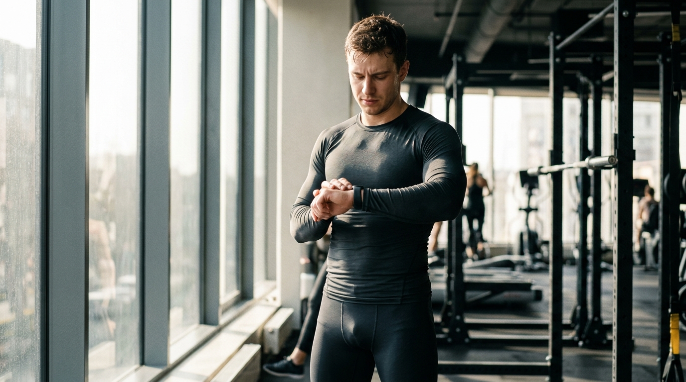 athletic man checking fitness metrics in gym