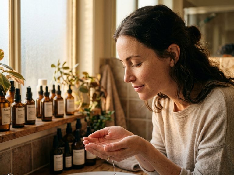 woman with natural skin contemplating skincare routine
