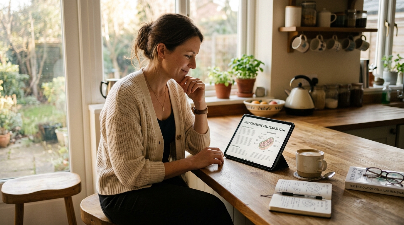 woman researching cellular skin health supplements