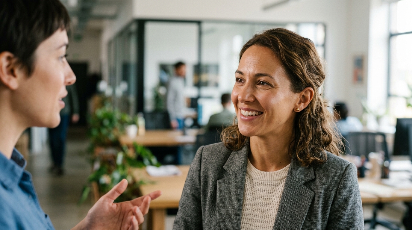 woman with healthy glowing skin office conversation
