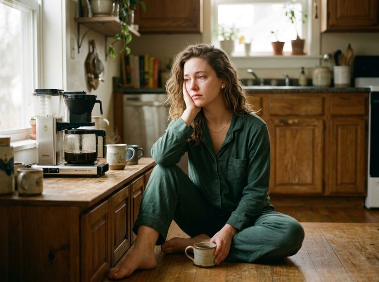 woman sitting peacefully on kitchen floor morning light
