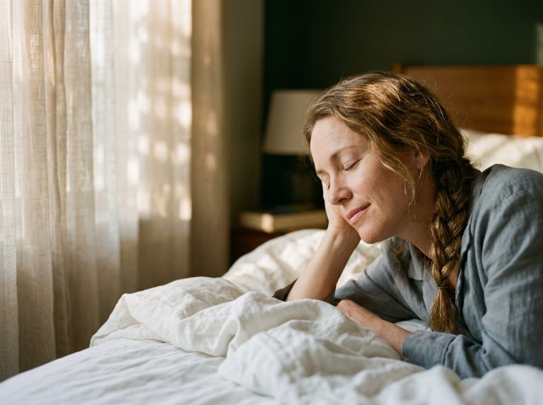 peaceful woman resting in golden morning light
