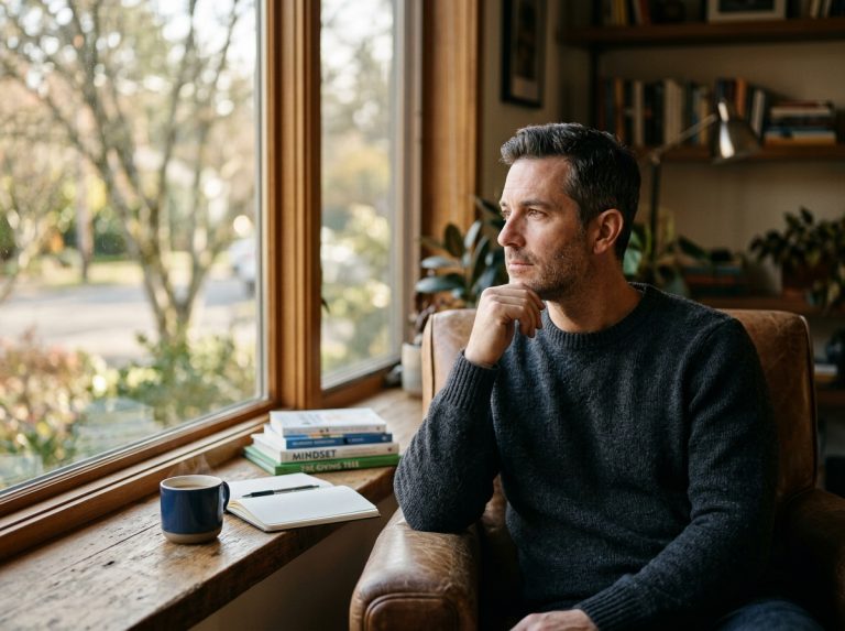 man contemplating by window morning light