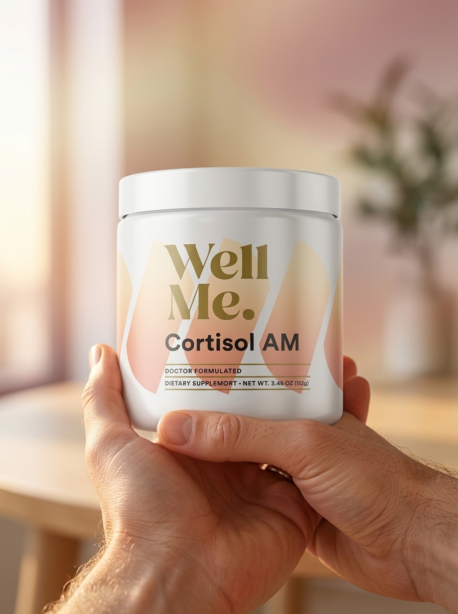 Cortisol AM supplement bottle held carefully