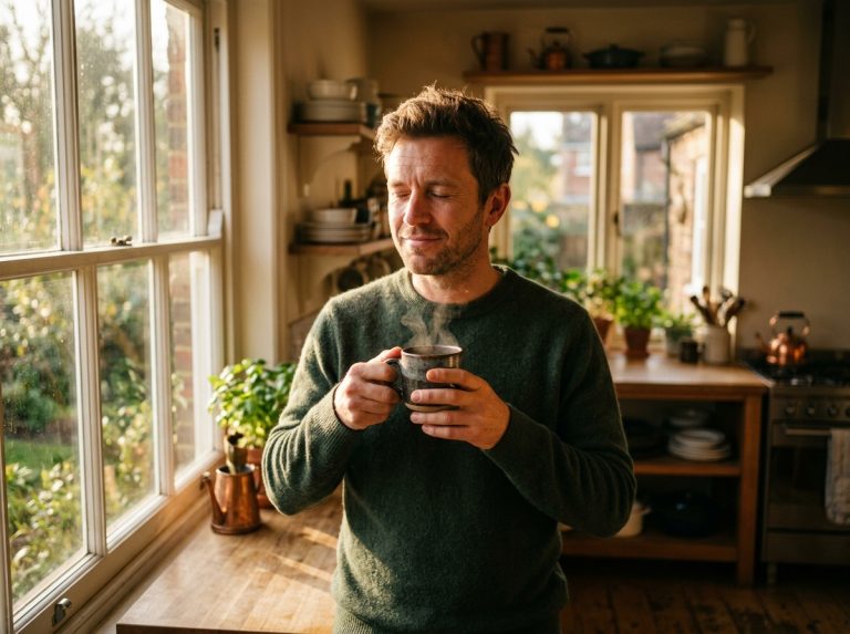 man finding morning clarity with coffee
