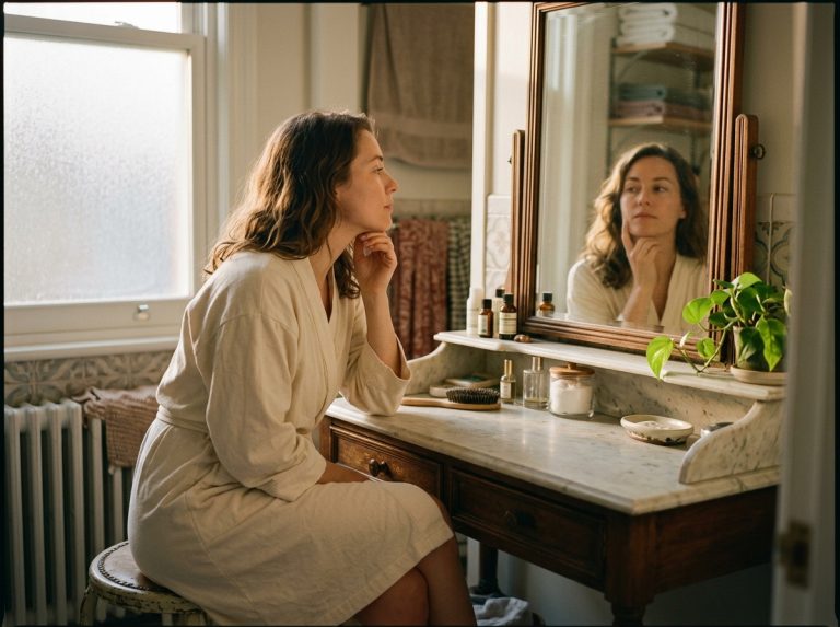 woman looking contemplatively in bathroom mirror morning light