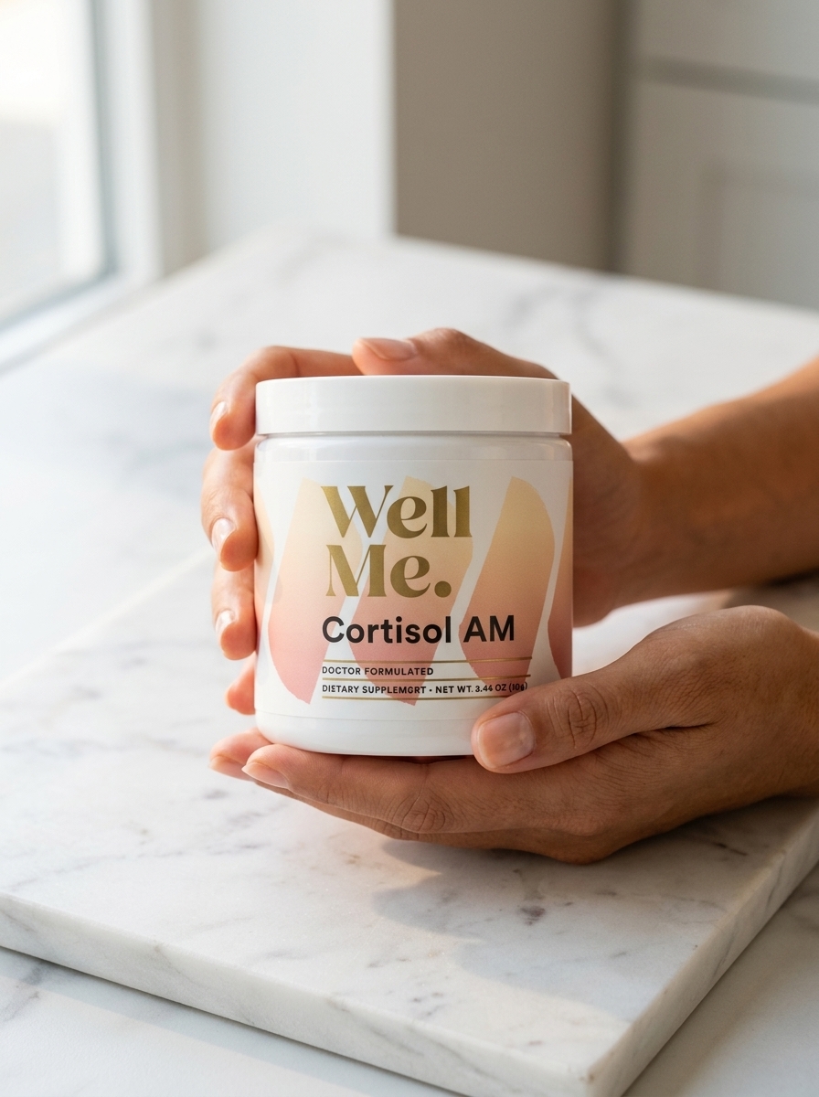 Woman holding Cortisol AM supplement bottle