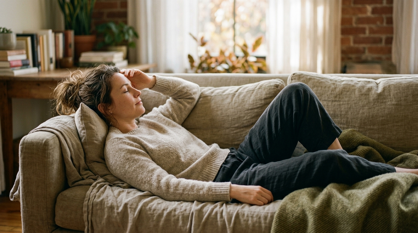 woman resting peacefully afternoon light couch