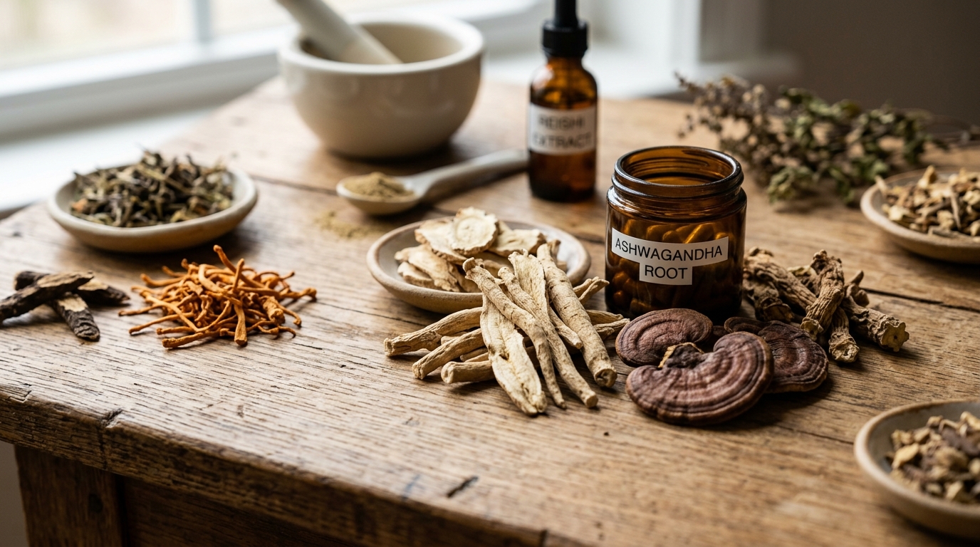 adaptogenic herbs supplements natural wood surface