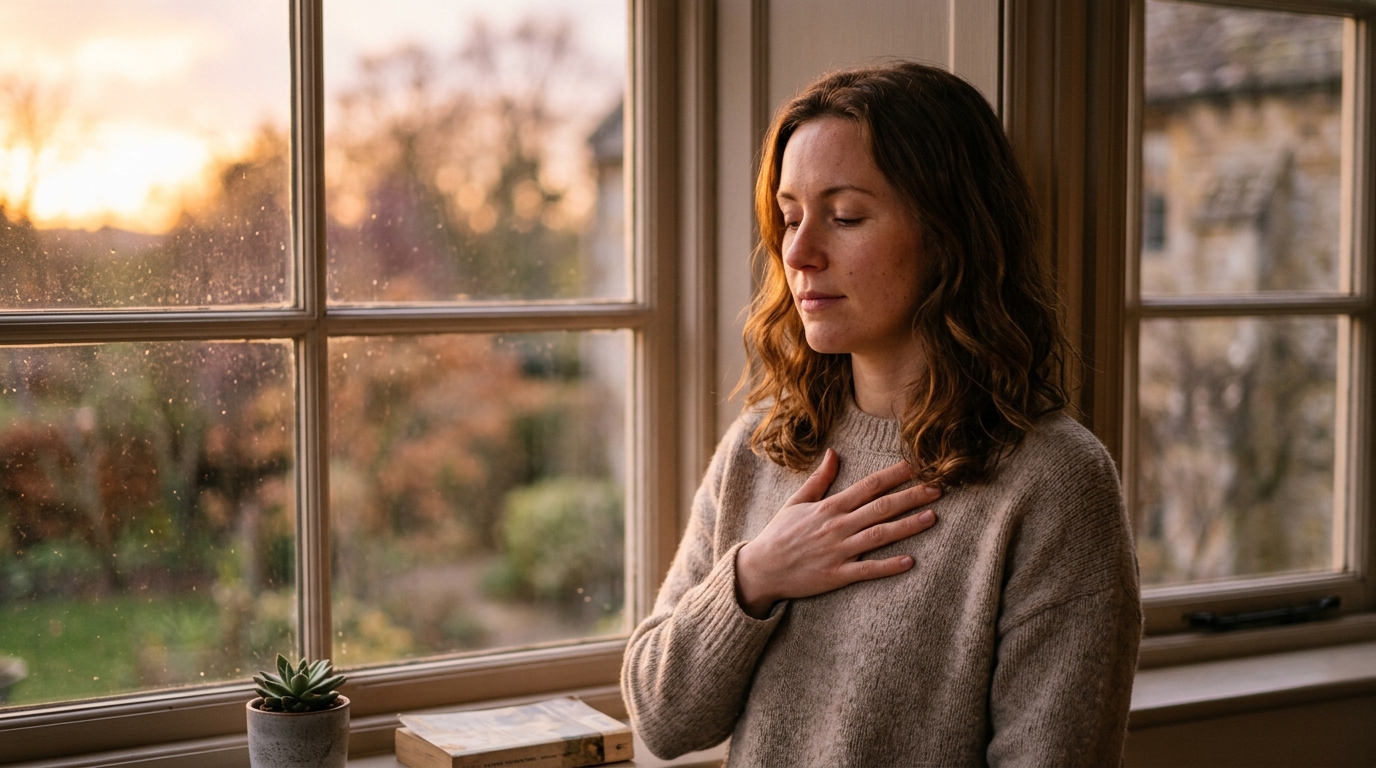 woman peaceful breathing sunset window