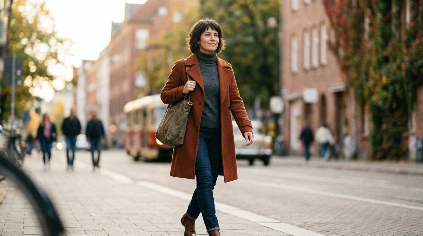 woman walking confidently relaxed shoulders outdoors