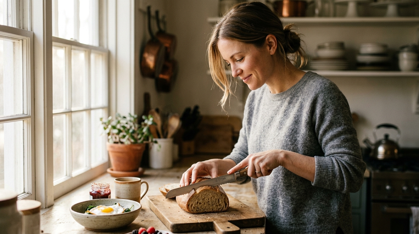 woman preparing breakfast calm morning light