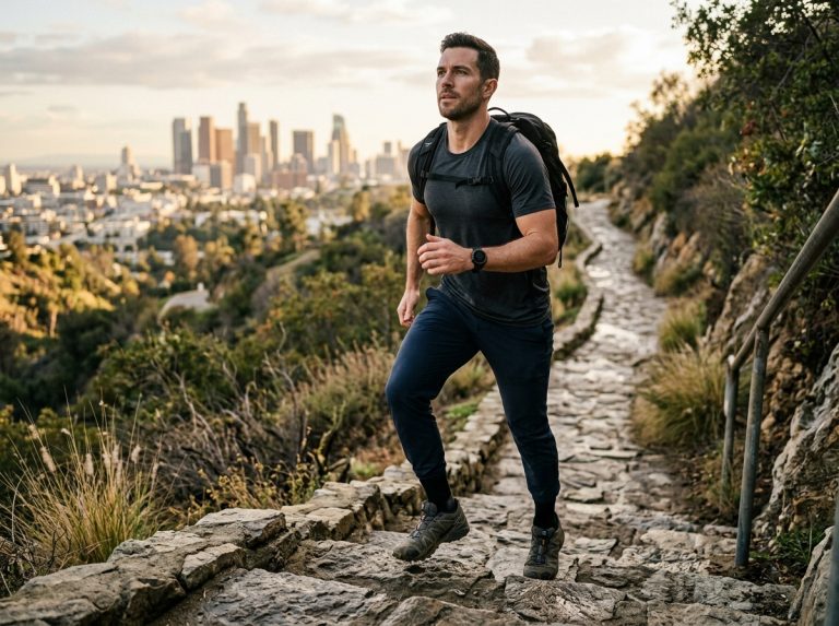 man climbing stone steps with determined expression