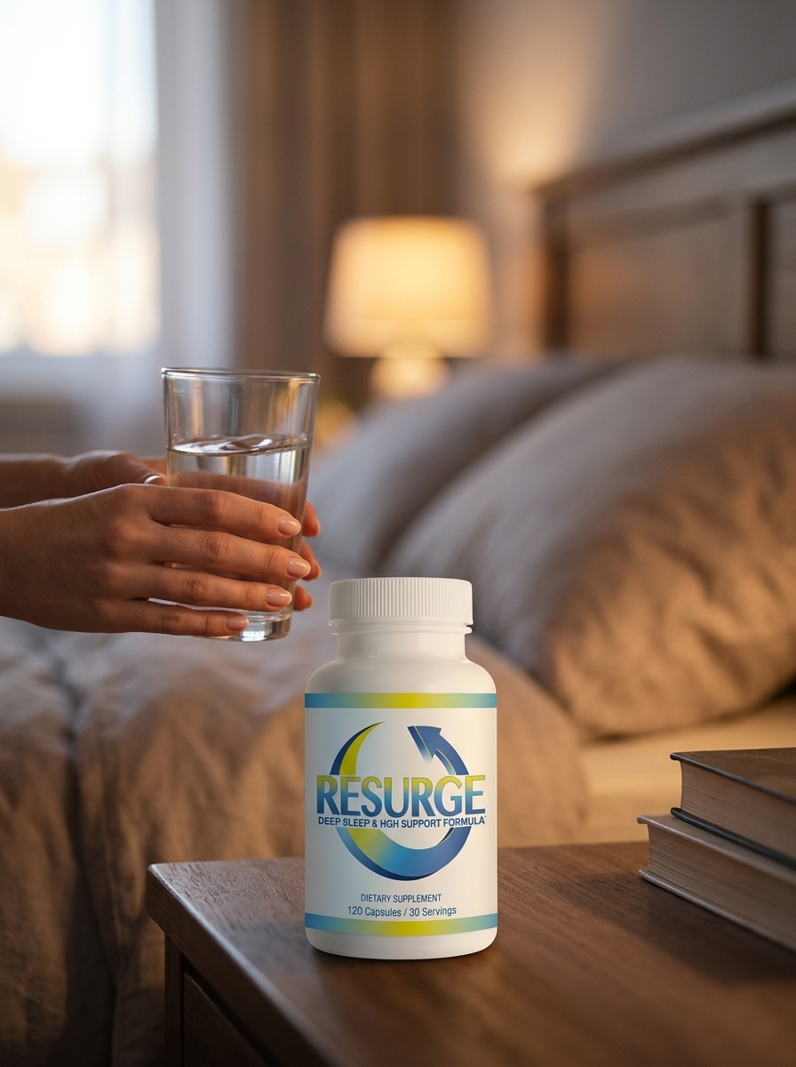 Resurge supplement bottle with woman preparing for bedtime