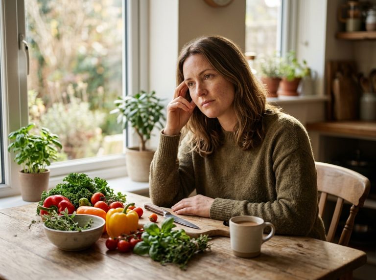 thoughtful woman surrounded by fresh vegetables contemplating nutrition