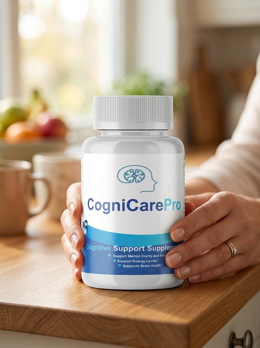CogniCare Pro brain supplement bottle held gently